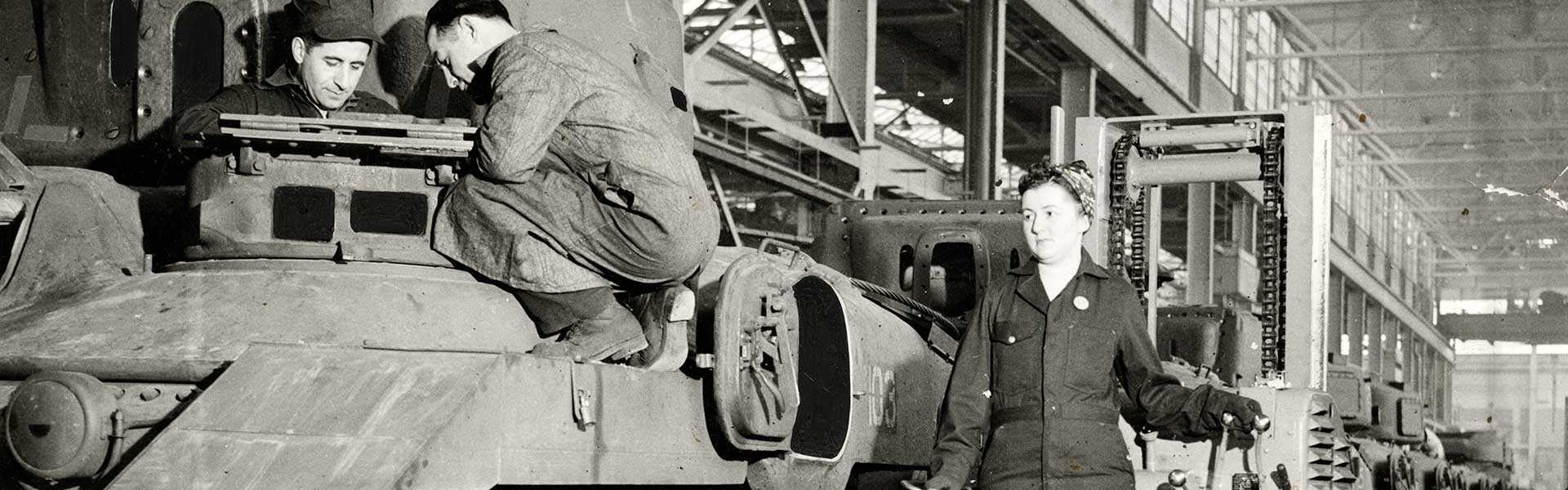 WW2 woman operator ram tank factory banner