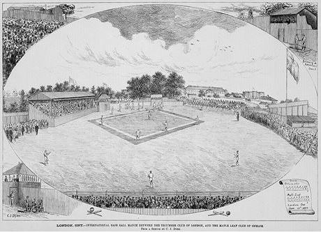 International match between the Tecumseh Club of London and the Maple Leaf Club of Guelph, 1877 (Photo courtesy of Library and Archives Canada. Credit: C.J. Dryer, Canadian Illustrated News)