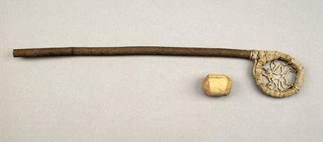 Lacrosse stick and ball. Anishnaabe (Ojibwa). Lac Seul Reserve, Ontario (Photo courtesy of the Canadian Museum of History collection)