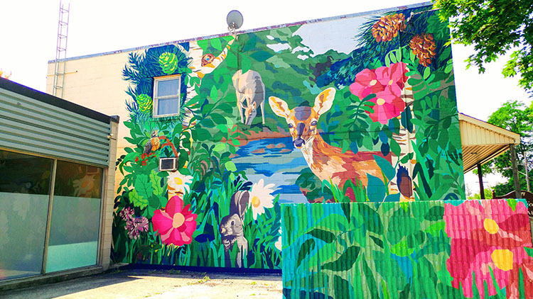 Creekside Eastern Gateway mural, by Emily Harrison and Mural Routes 2014 summer team, Scarborough