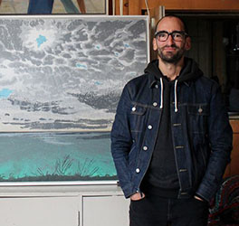 Todd Stewart at Fool’s Paradise with his silkscreen “Untitled (Lake Ontario),” completed during his DMAiR residency.