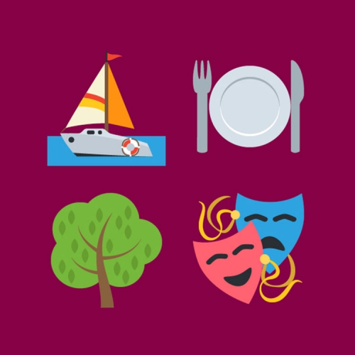 (Graphique) Bateau à voile, assiette, arbre, masques de théâtre