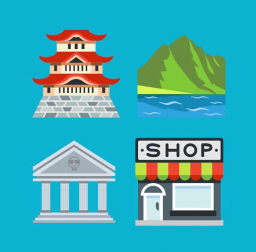 Emoji: Japanese castle, outdoor scene, historic building and shop