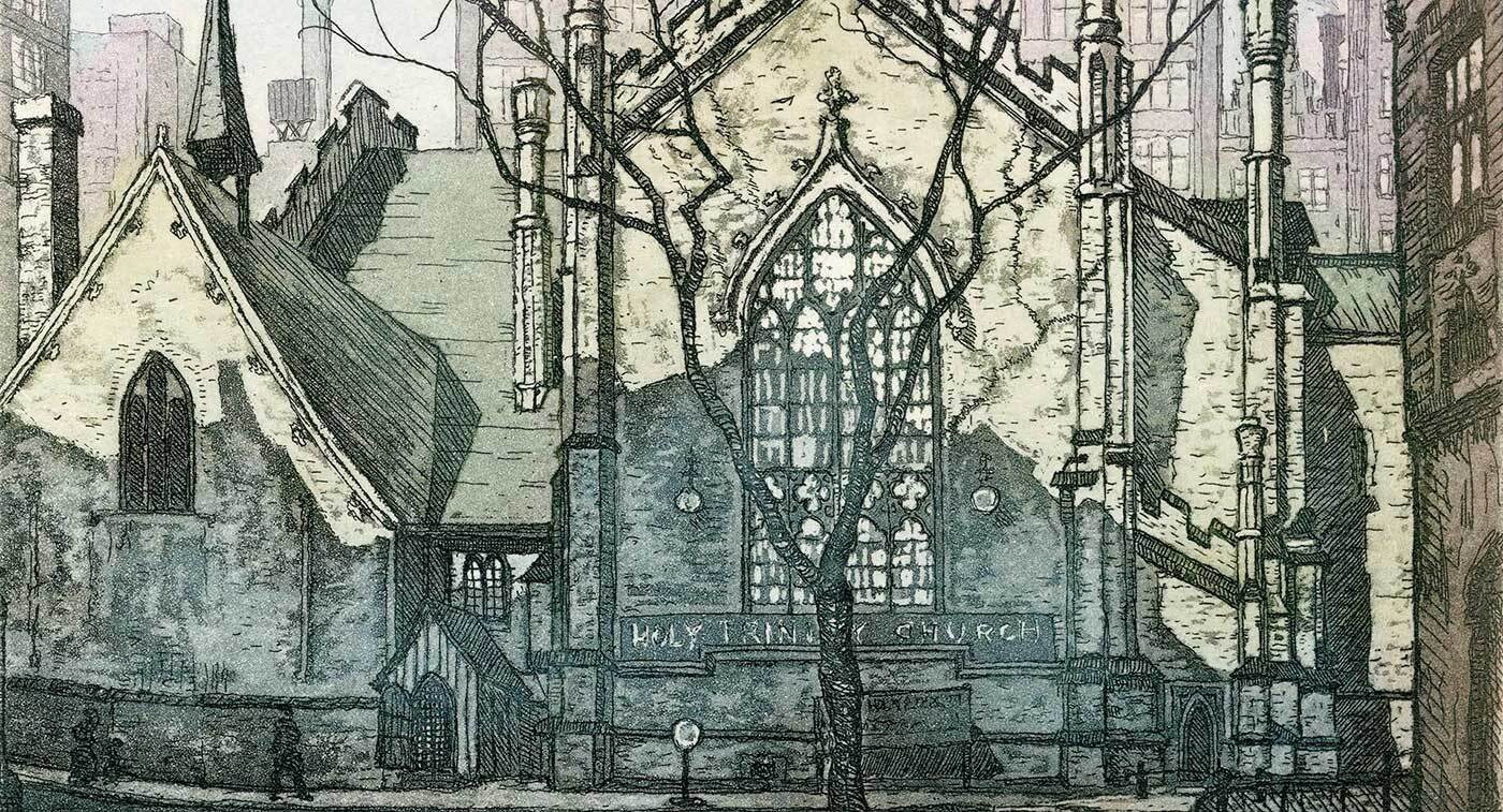 Illustration de l'église Holy Trinity de Toronto, v. 1935 (Photo : Nicholas Hornyansky, Bibliothèque publique de Toronto)