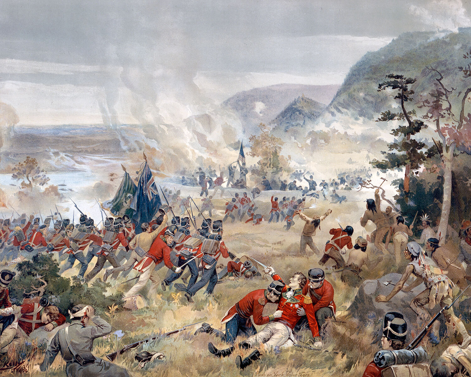 Ce tableau, qui représente la mort du général Brock le 13 octobre 1812 lors de la bataille de Queenston Heights, est devenu une image emblématique de la guerre de 1812 au Canada. (Gravure de John David Kelly, 1896. Bibliothèque et Archives Canada, n° d'accès 1954-153-1.)