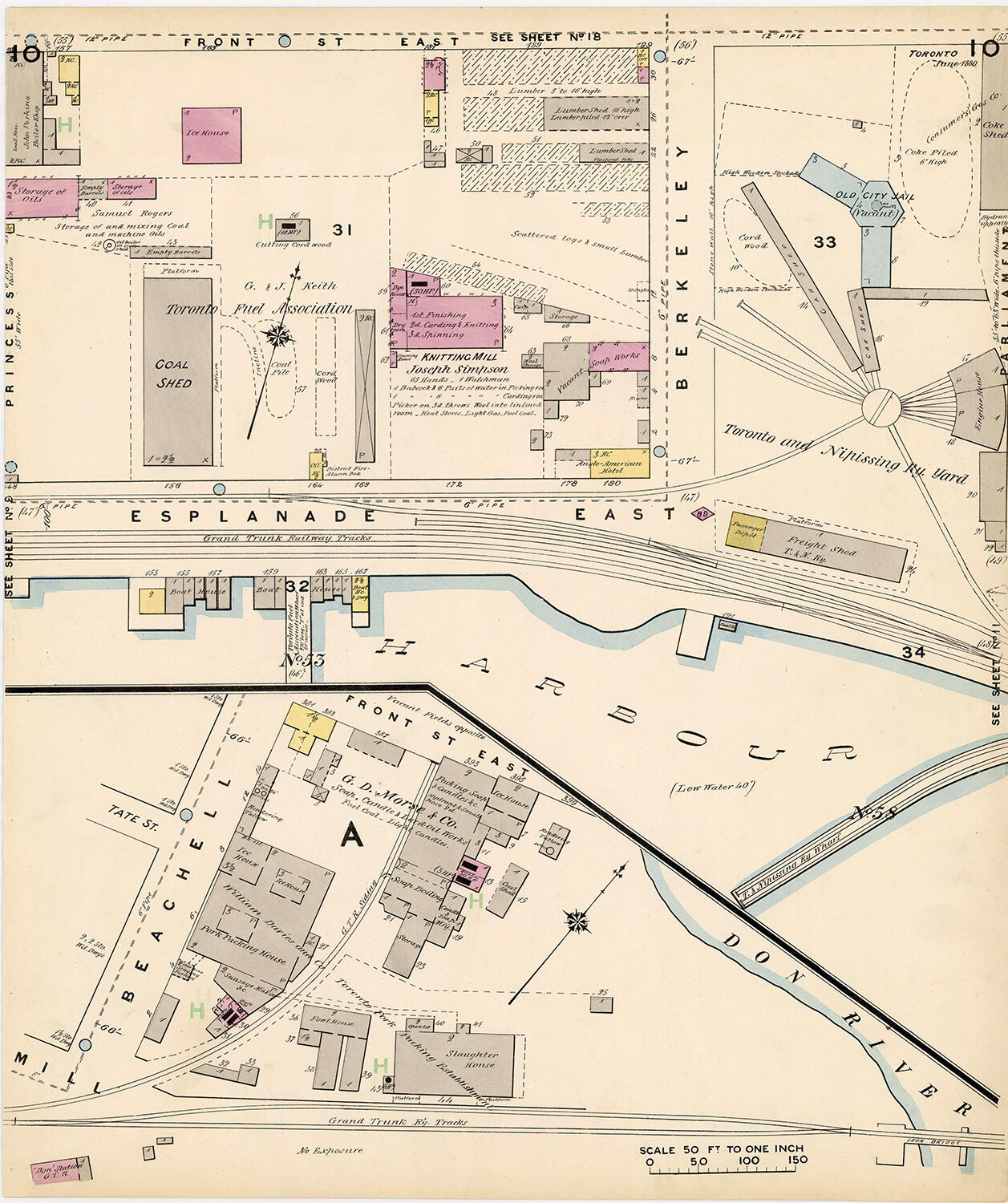 Fire insurance plan from 1880. In the top right, notice that the jail is marked as vacant and industrial structures are being built around it on the Parliament site. (Photo: University of Toronto Map and Data Library)