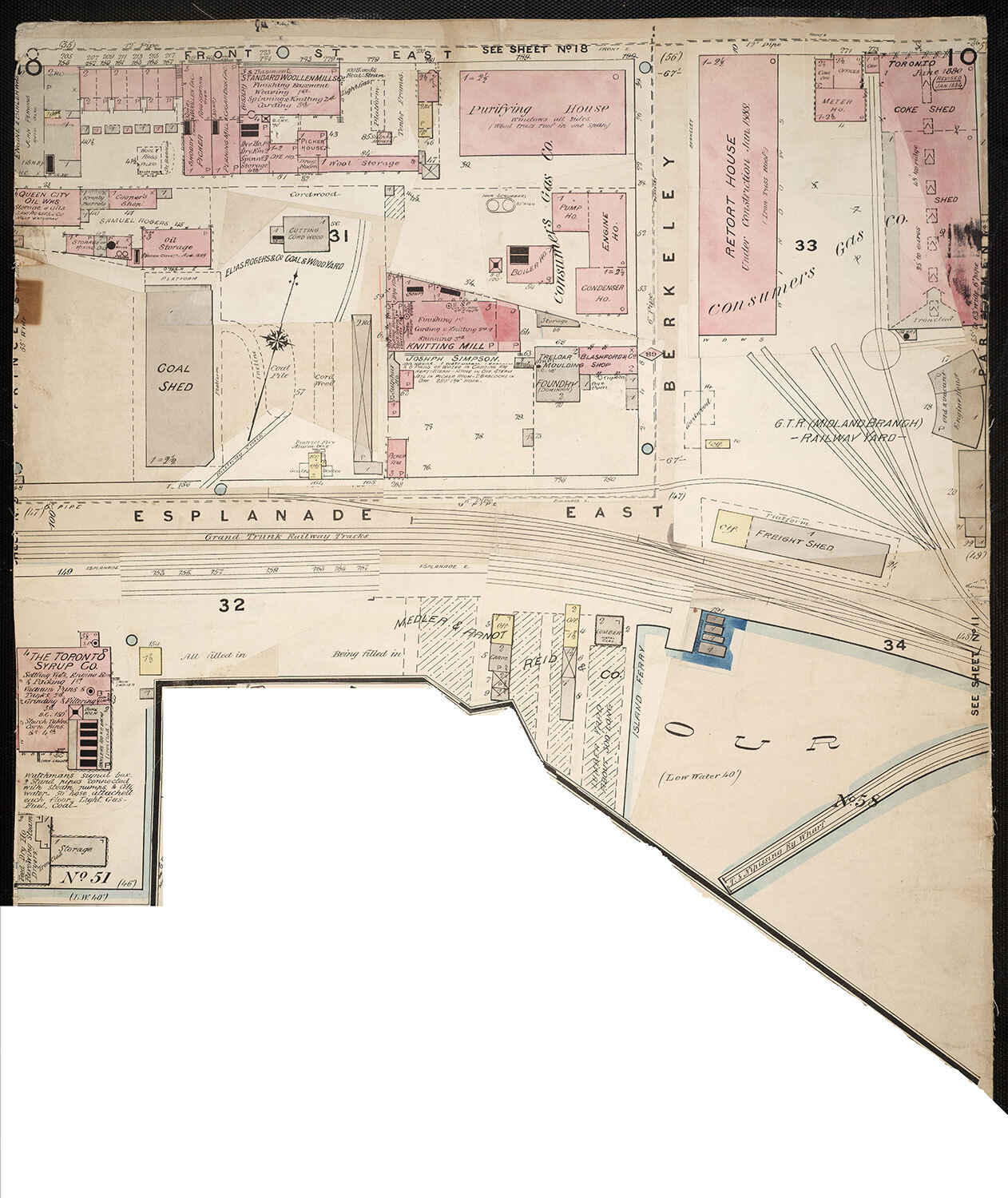 Fire insurance plan from 1889. The jail building is gone and replaced by the Consumers’ Gas facility. A turntable can be seen in the railyard. (Photo: University of Toronto Map and Data Library)