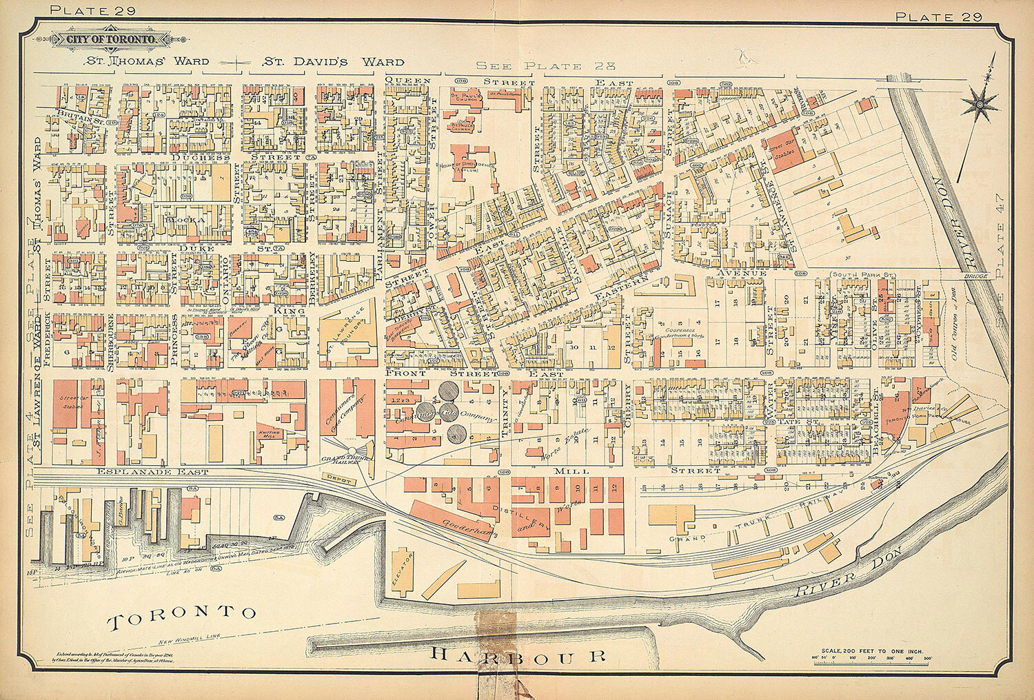 Fire insurance plan from 1890. The jail building is gone and replaced by the Consumers’ Gas facility. A turntable can be seen in the railyard. (Photo: University of Toronto Map and Data Library)