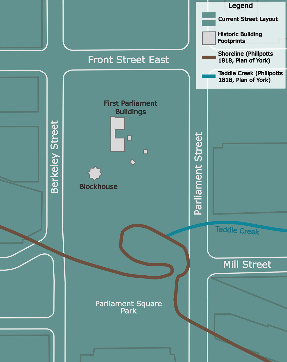 Current street plan, with historical building footprints from Samuel Wilmot's 1810 "A Plan Showing the Survey of part of the park east of the Town of York," and shoreline overlay from George Phillpotts' 1818 "Plan of York." (Credit: Anton Strachan)
