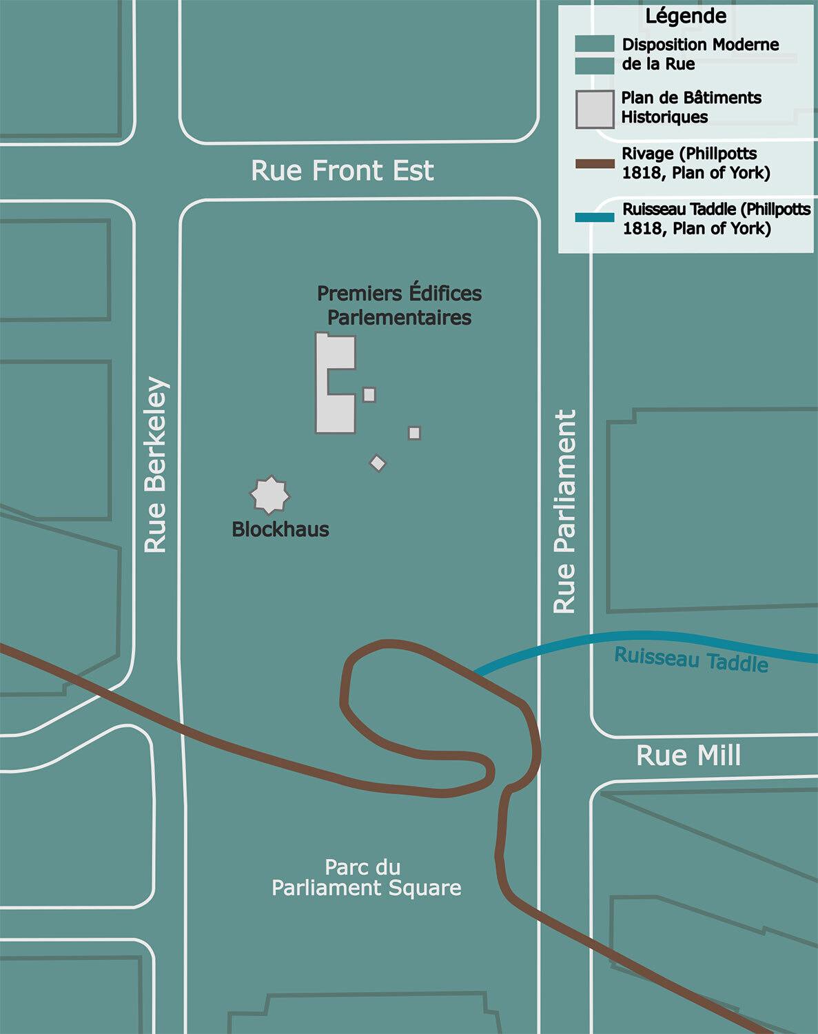 Plan actuel des rues, avec les empreintes historiques des édifices tirées du « A Plan Showing the Survey of part of the park east of the Town of York » (1810) de Samuel Wilmot, et superposition de la ligne de rivage tirée du « Plan of York » (1818) de George Phillpotts. Crédit : Anton Strachan