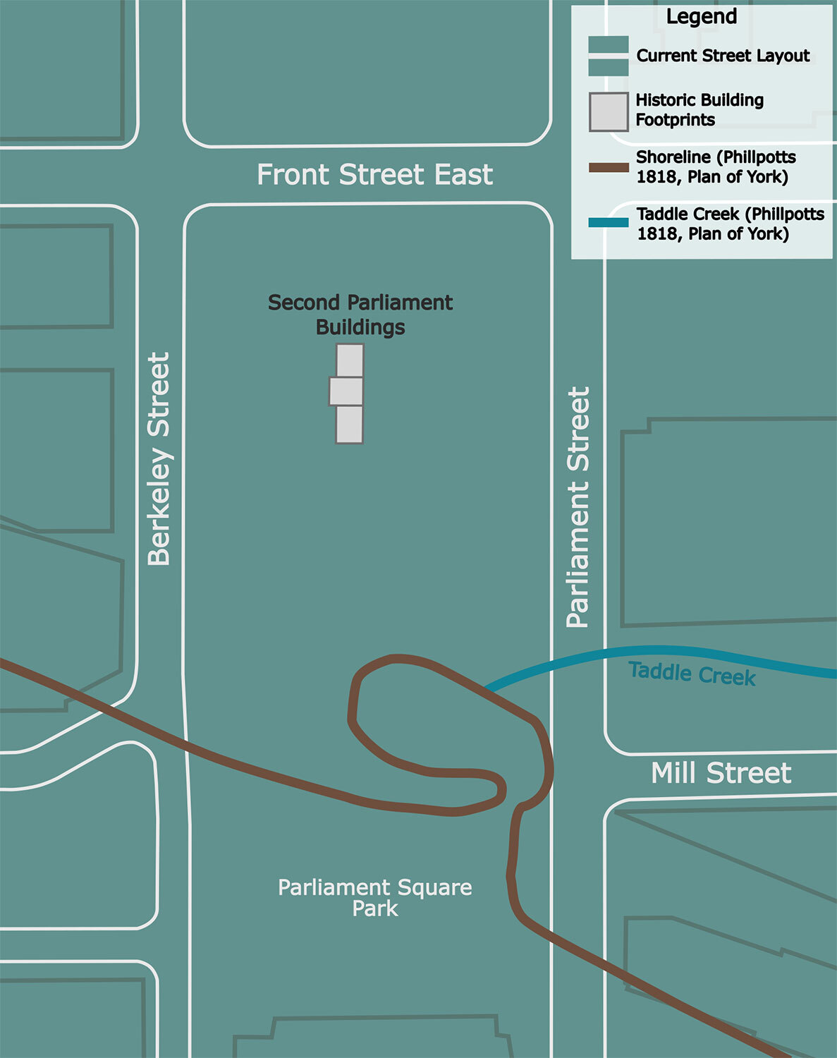 Current street plan, with historical building footprints from James G. Chewett's 1830 "A Plan Shewing the Survey of the Land Reserved for Government Buildings," and shoreline overlay from George Phillpotts' 1818 "Plan of York." (Credit: Anton Strachan)