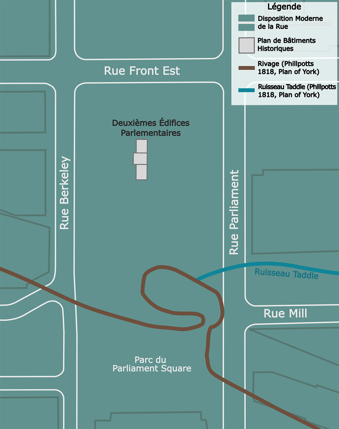 Plan actuel des rues, avec les empreintes historiques des édifices tirées du « A Plan Shewing the Survey of the Land Reserved for Government Buildings » (1830) de James G. Chewett, et superposition de la ligne de rivage tirée du « Plan of York » (1818) de George Phillpotts. Crédit : Anton Strachan