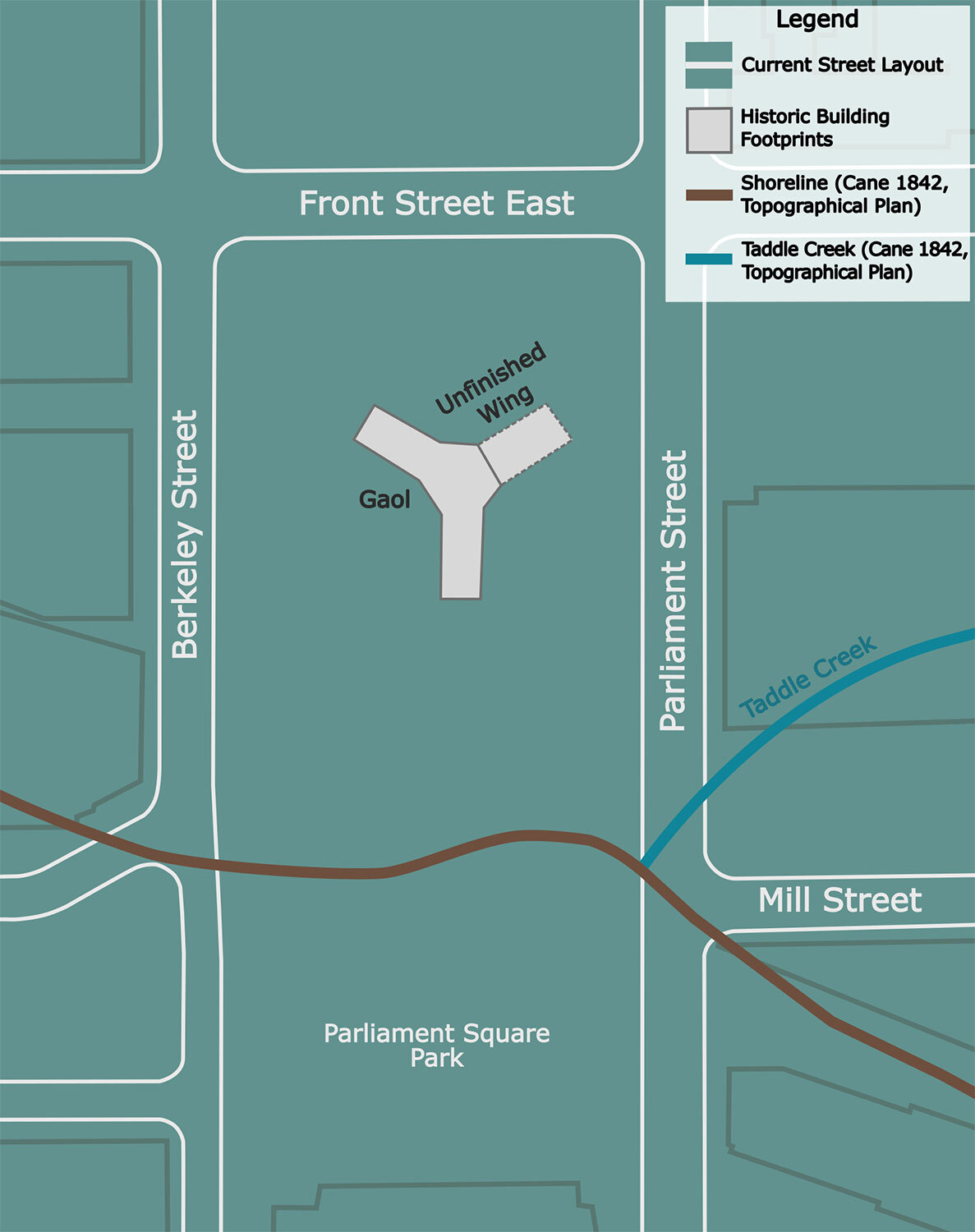 Current street plan, with historical building footprints from James Cane's 1842 "Topographical Plan of the City and Liberties of Toronto," and William Kingsford's 1855 "Plan of a right of way for the Grand Trunk Railway in front of the City of Toronto." (Credit: Anton Strachan)