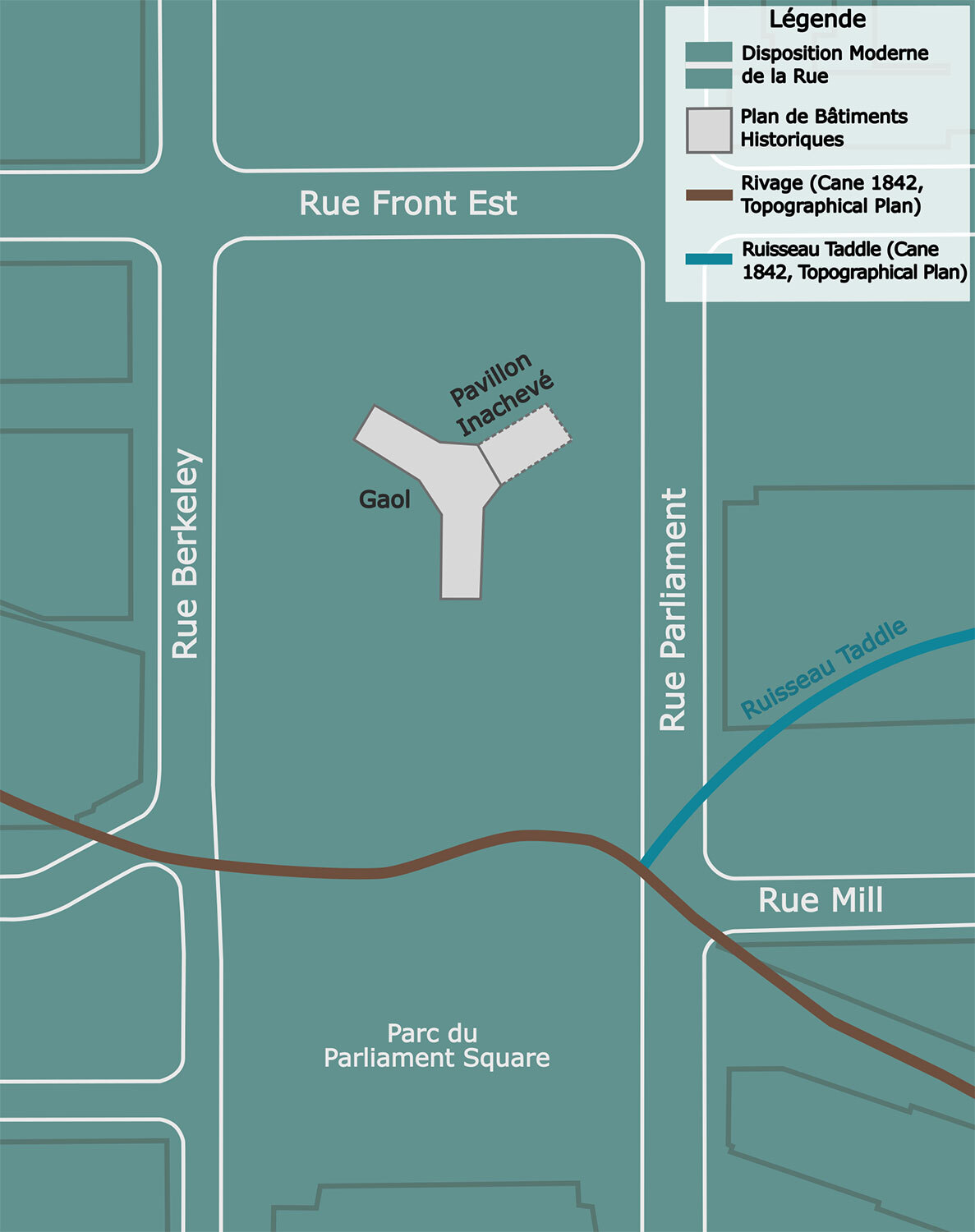 Plan actuel des rues, avec les empreintes historiques des édifices tirées du « Topographical Plan of the City and Liberties of Toronto » (1842) de James Cane et du « Plan of a right of way for the Grand Trunk Railway in front of the City of Toronto » (1855) de William Kingsford. Crédit : Anton Strachan