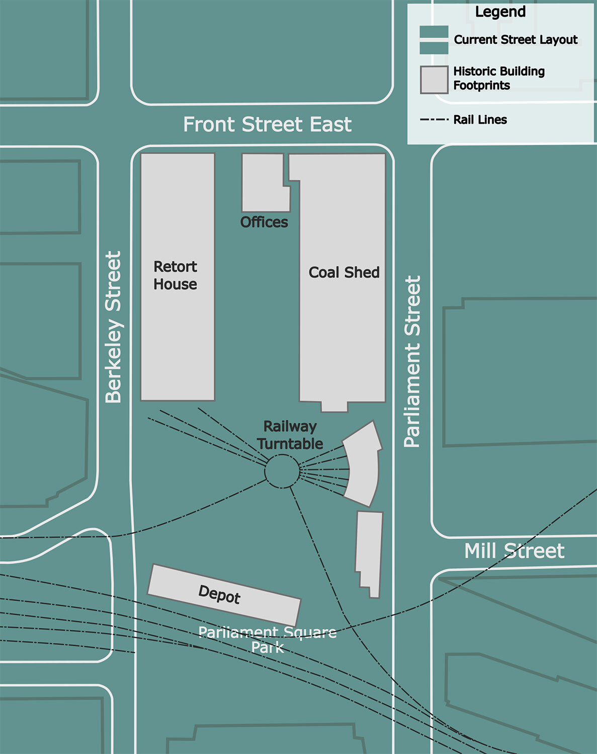 Current street plan, with historical building footprints from the 1890 edition of Goad's Atlas of the City of Toronto. (Credit: Anton Strachan)