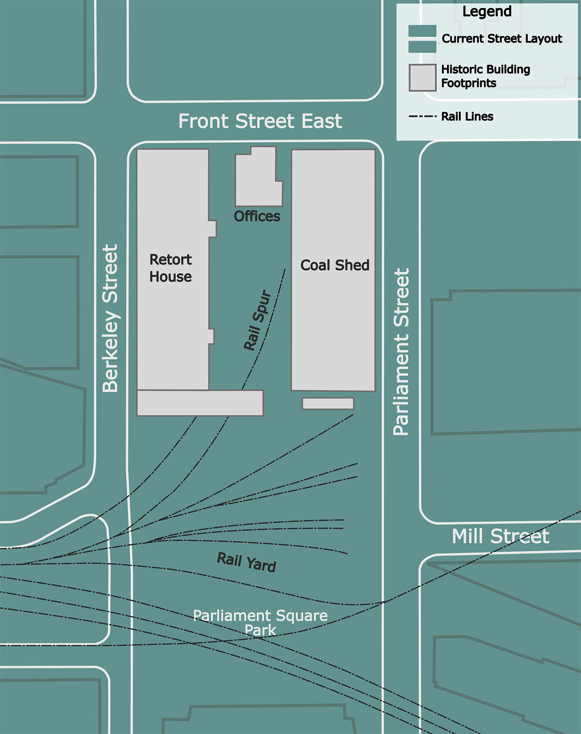 Current street plan, with historical building footprints from the 1923 edition of Goad's Atlas of the City of Toronto. (Credit: Anton Strachan)