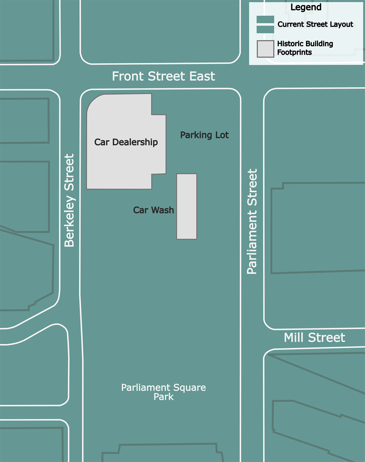 Current street plan with recent building footprints. (Credit: Anton Strachan)