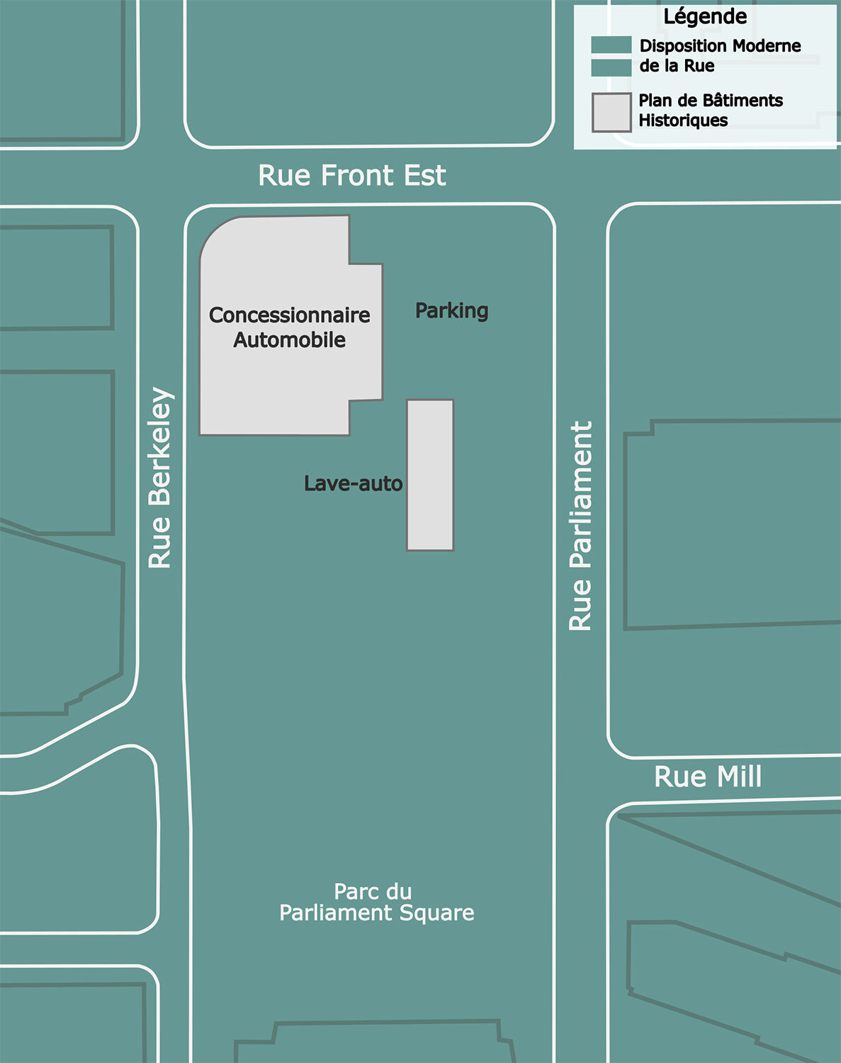 Plan actuel des rues, avec les empreintes des édifices récents. Crédit : Anton Strachan