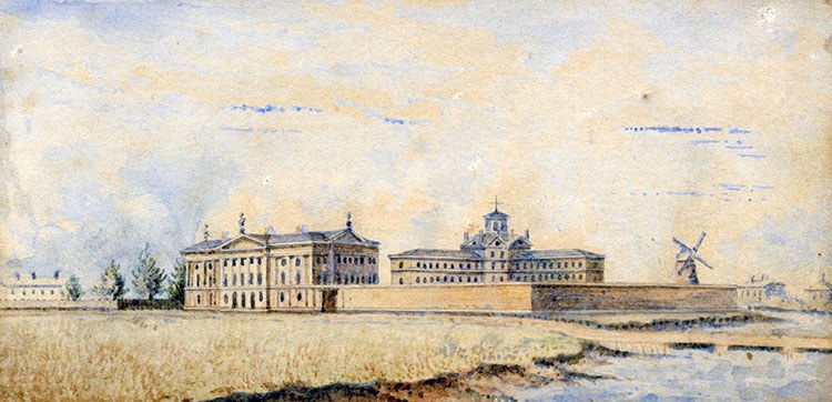 This watercolour by John George Howard shows a south view of the Third District Gaol and the planned, but never built, courthouse. Notice the stately buildings and the presence of a windmill, making the jail seem almost pleasant. (Photo: Toronto Public Library)