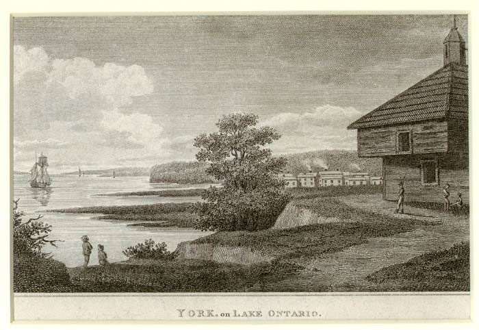 This engraving by William Leney shows the blockhouse built between the Parliament buildings and the lakeshore. (Photo: Toronto Public Library)