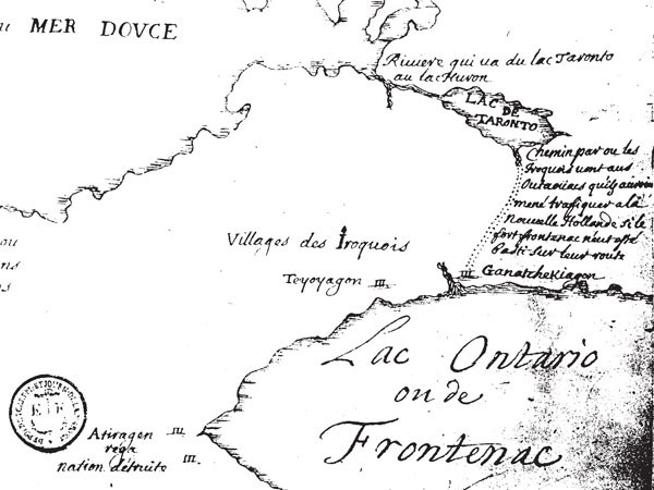 Map of the north shore of Lake Ontario showing the Rouge River’s branch of the Carrying Place Trail, the settlements Teiaiagon and Ganatsekwyagon, and Lake Simcoe (labelled Lac De Taronto). Believed to be drawn by Louis Jolliet in 1673.