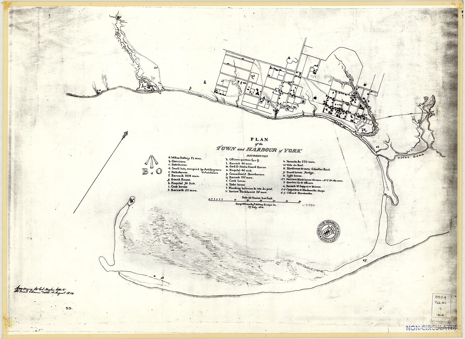 Notice on this plan of York from 1814 that the legend indicates the Parliament buildings were then used as a garrison and cookhouse. This is a later preproduction of a plan by George Williams. (Photo: Toronto Public Library)