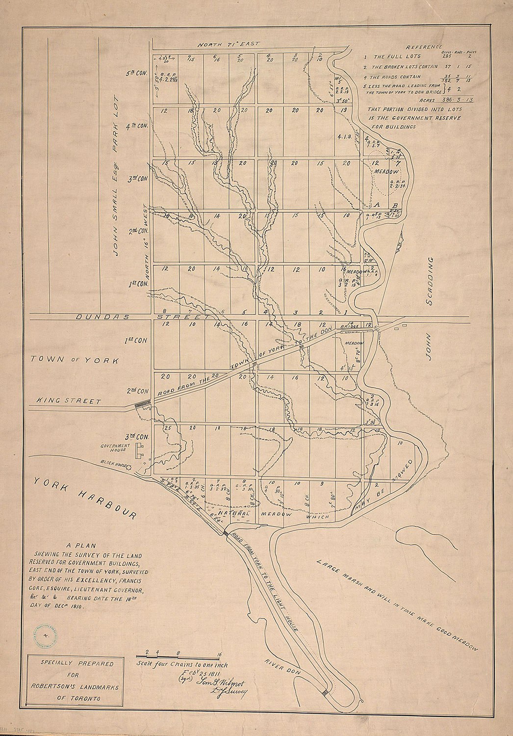 Map of the Crown lands surrounding the Don River. Notice the blockhouse and how the Parliament buildings are now connected by a walkway. Map by Samuel Street Wilmot, 1810. (Photo: Toronto Public Library)
