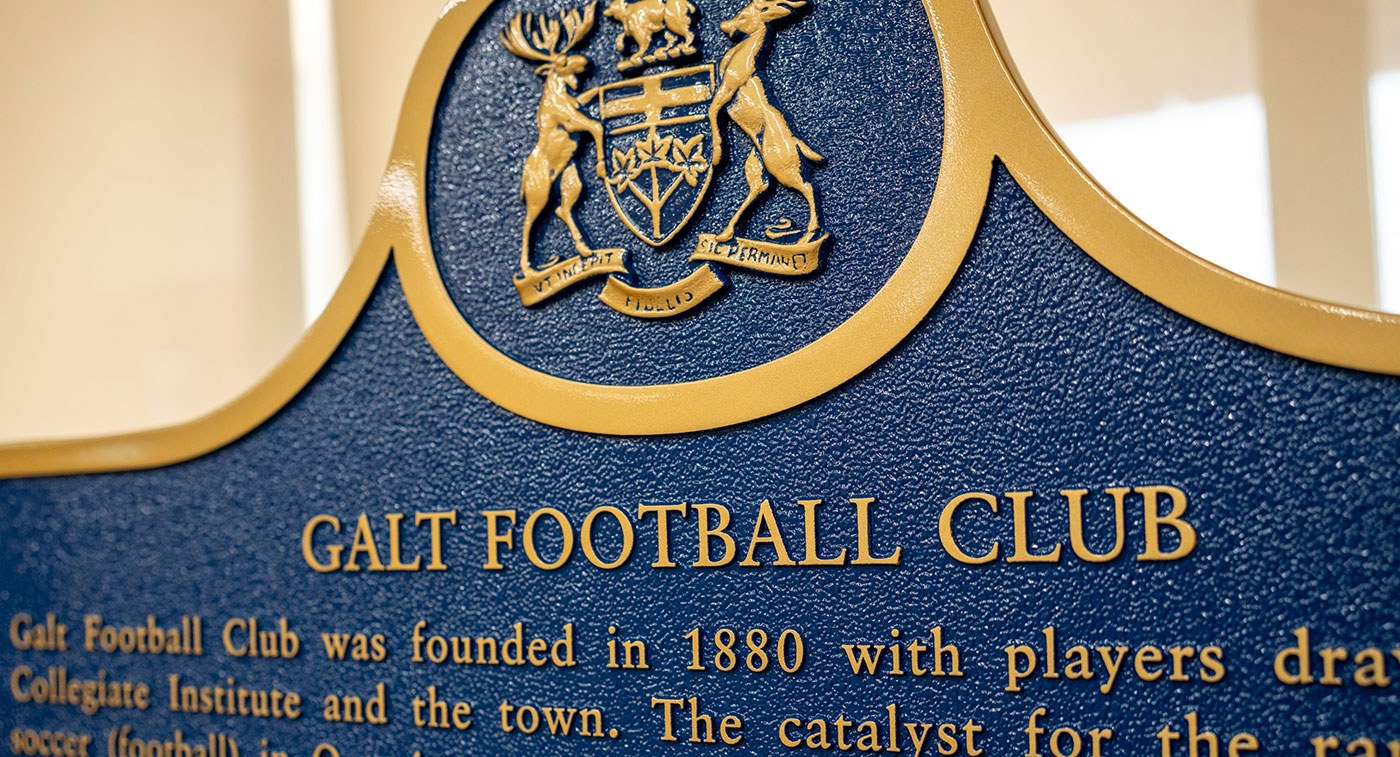Galt Football Club plaque (Photo: Benjamin Jaklic, City of Cambridge)