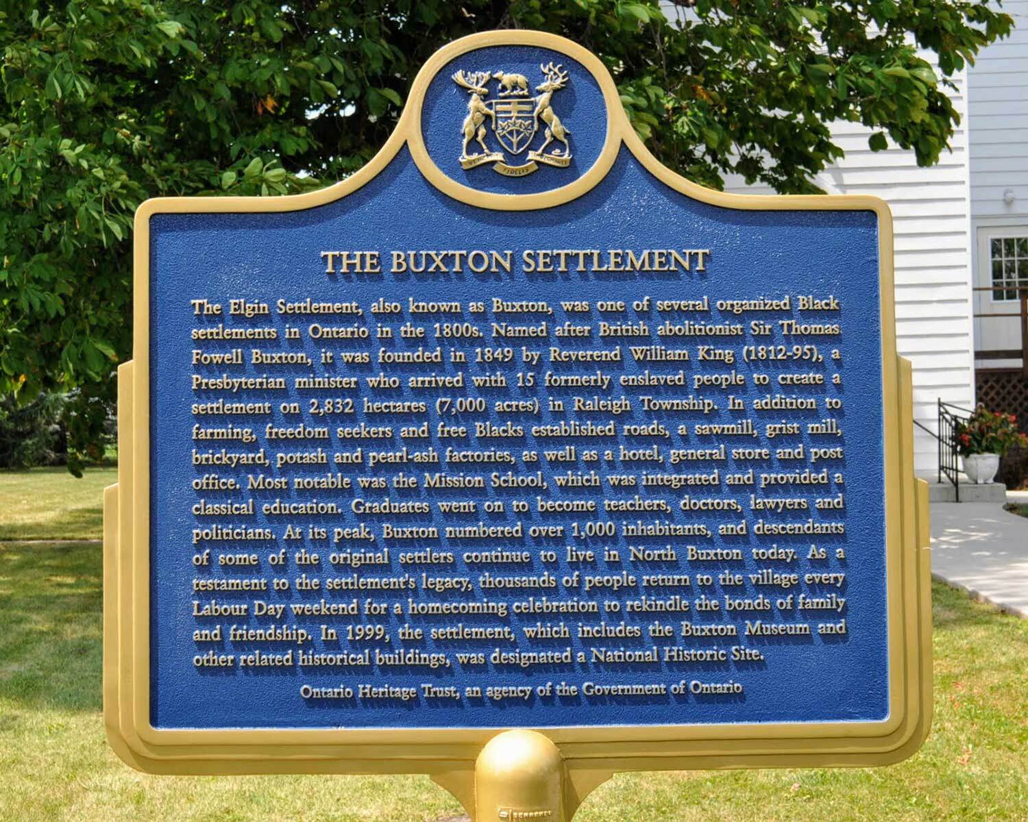 Provincial plaque commemorating The Buxton Settlement