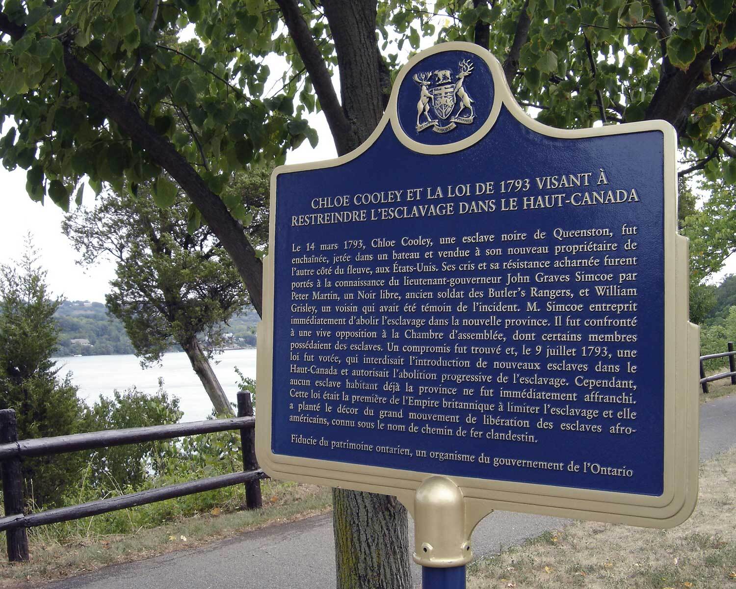 Provincial plaque commemorating Chloe Cooley and the 1793 Act to Limit Slavery in Upper Canada