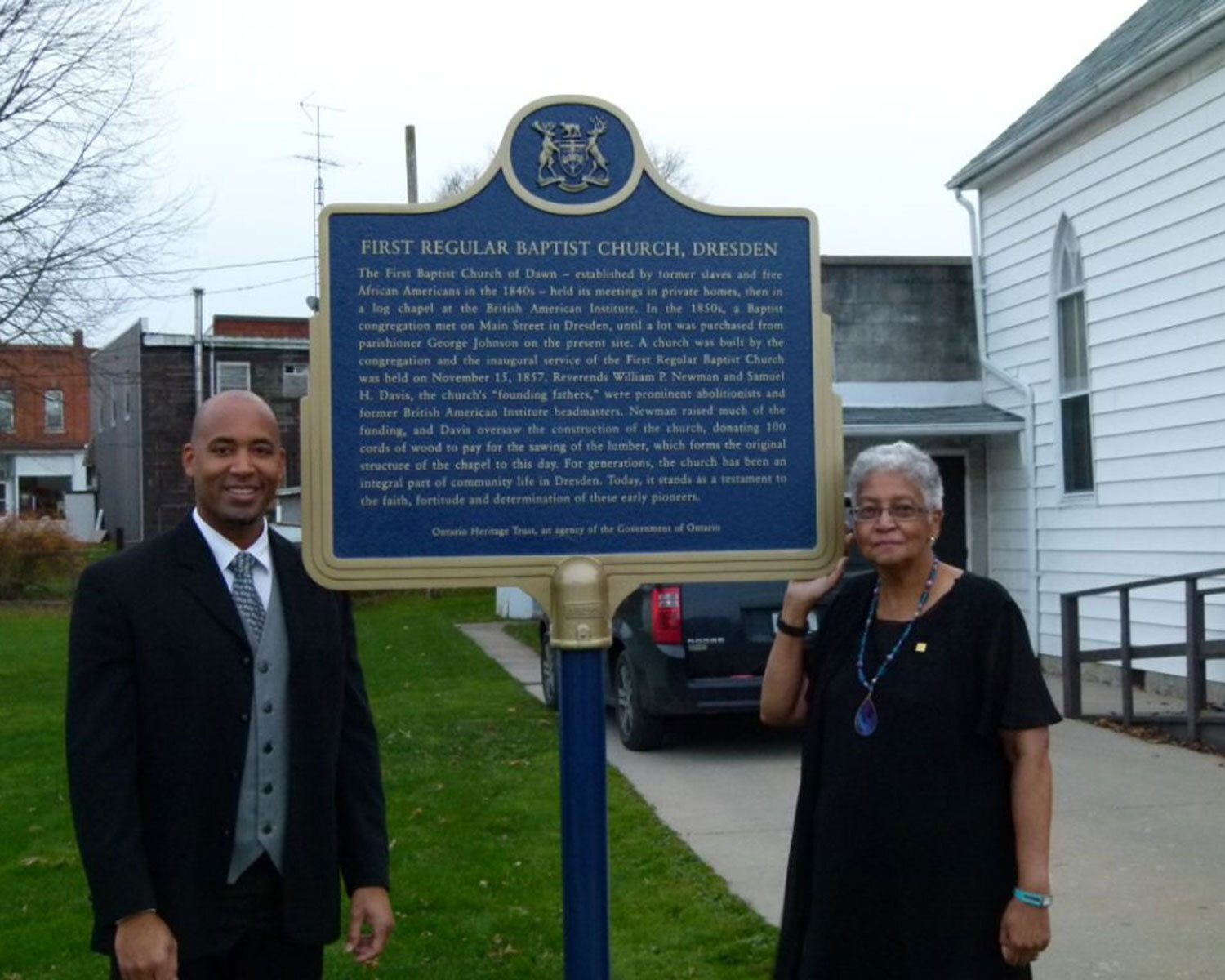 Provincial plaque commemorating the First Regular Baptist Church in Dresden, Ontario