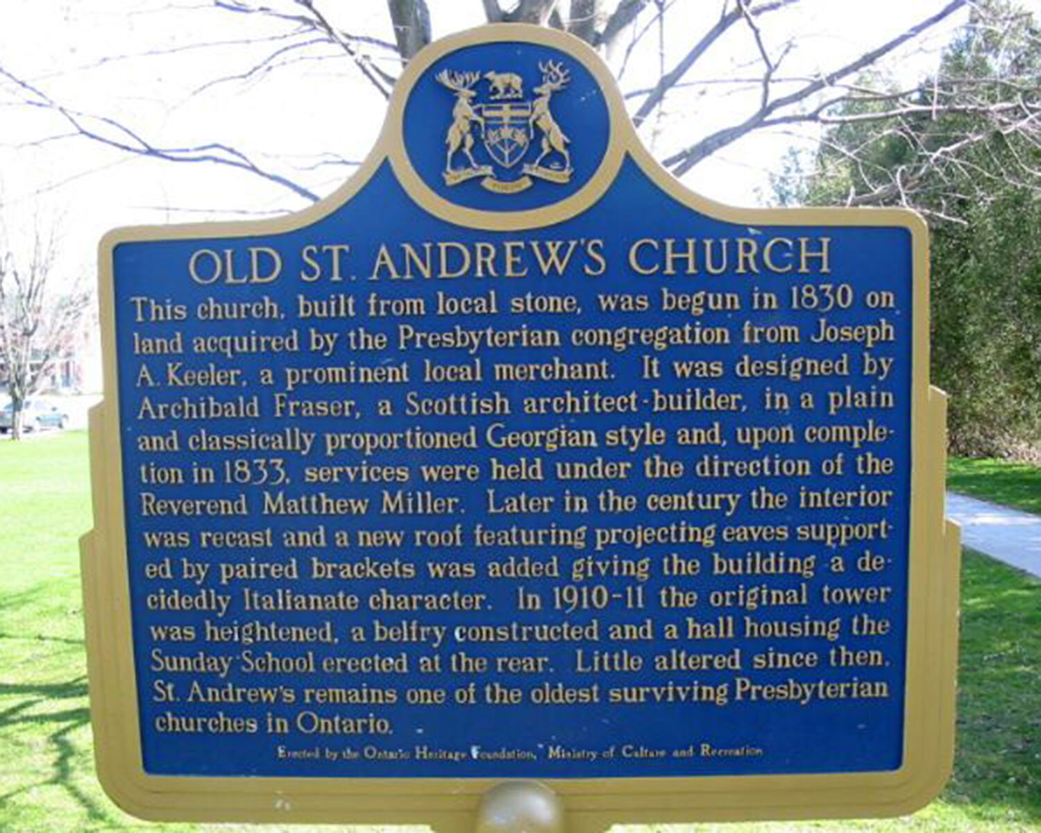Provincial plaque commemorating Old St. Andrew's Church (Photo: Alan Brown, www.ontarioplaques.com)
