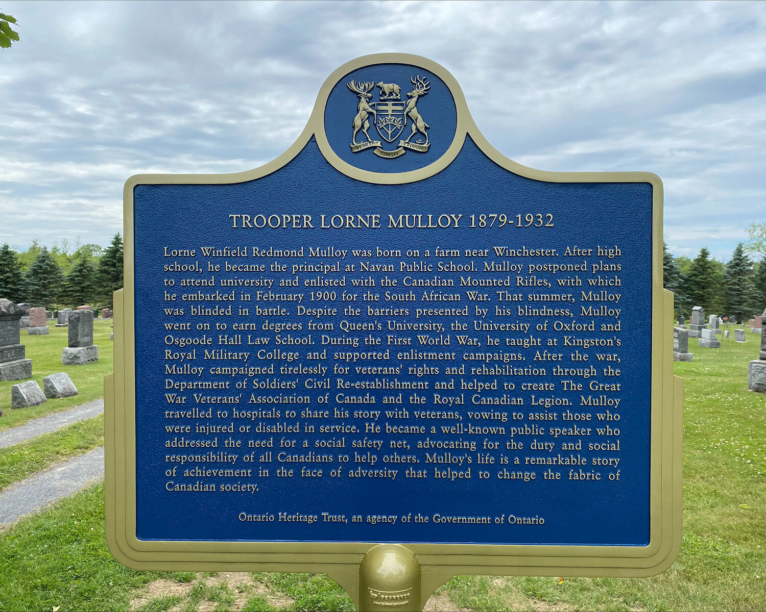 Provincial plaque commemorating Trooper Lorne Mulloy in Iroquois