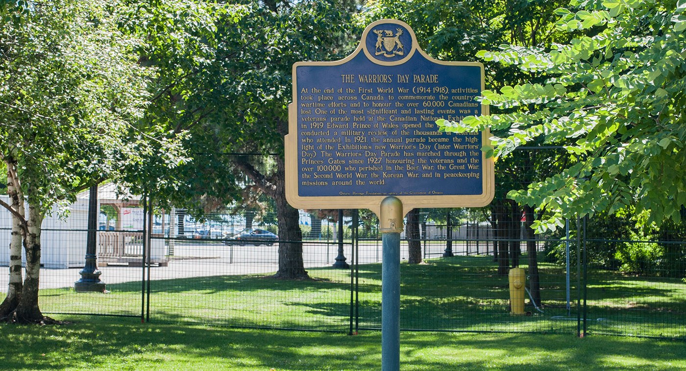 Plaque commemorating The Warriors' Day Parade at the Canadian National Exhibition