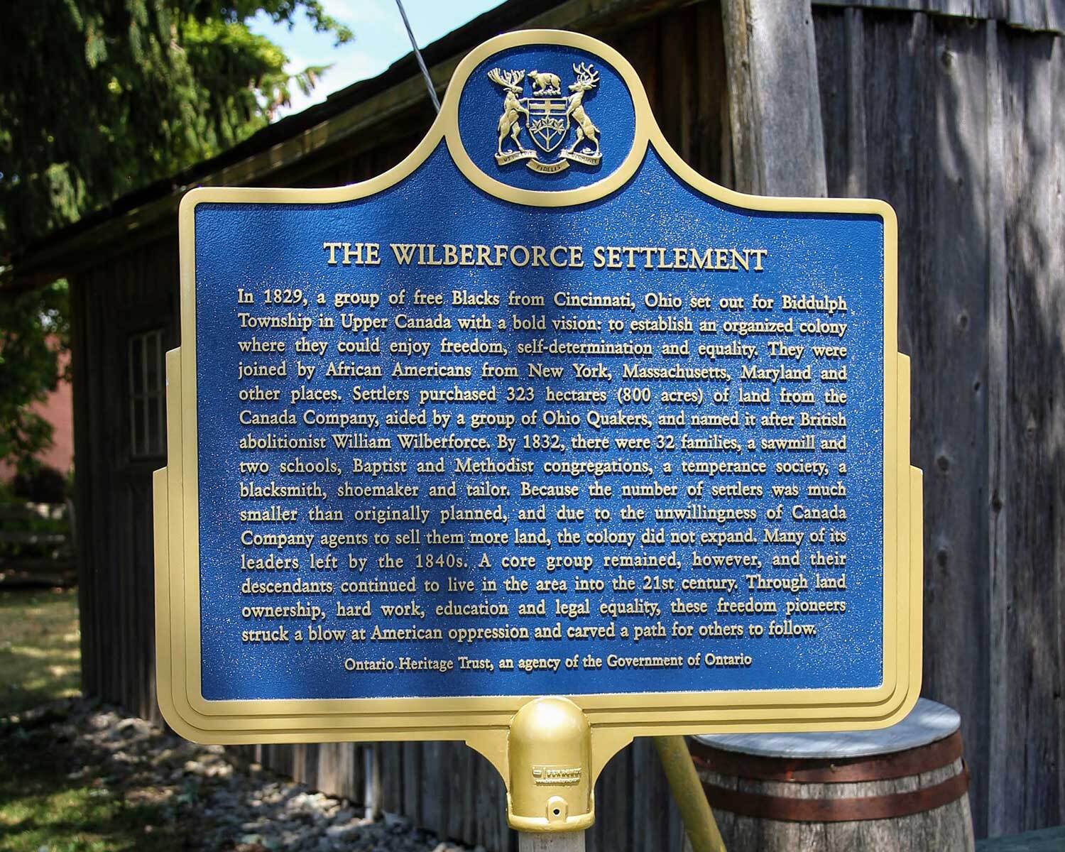 Provincial plaque commemorating The Wilberforce Settlement