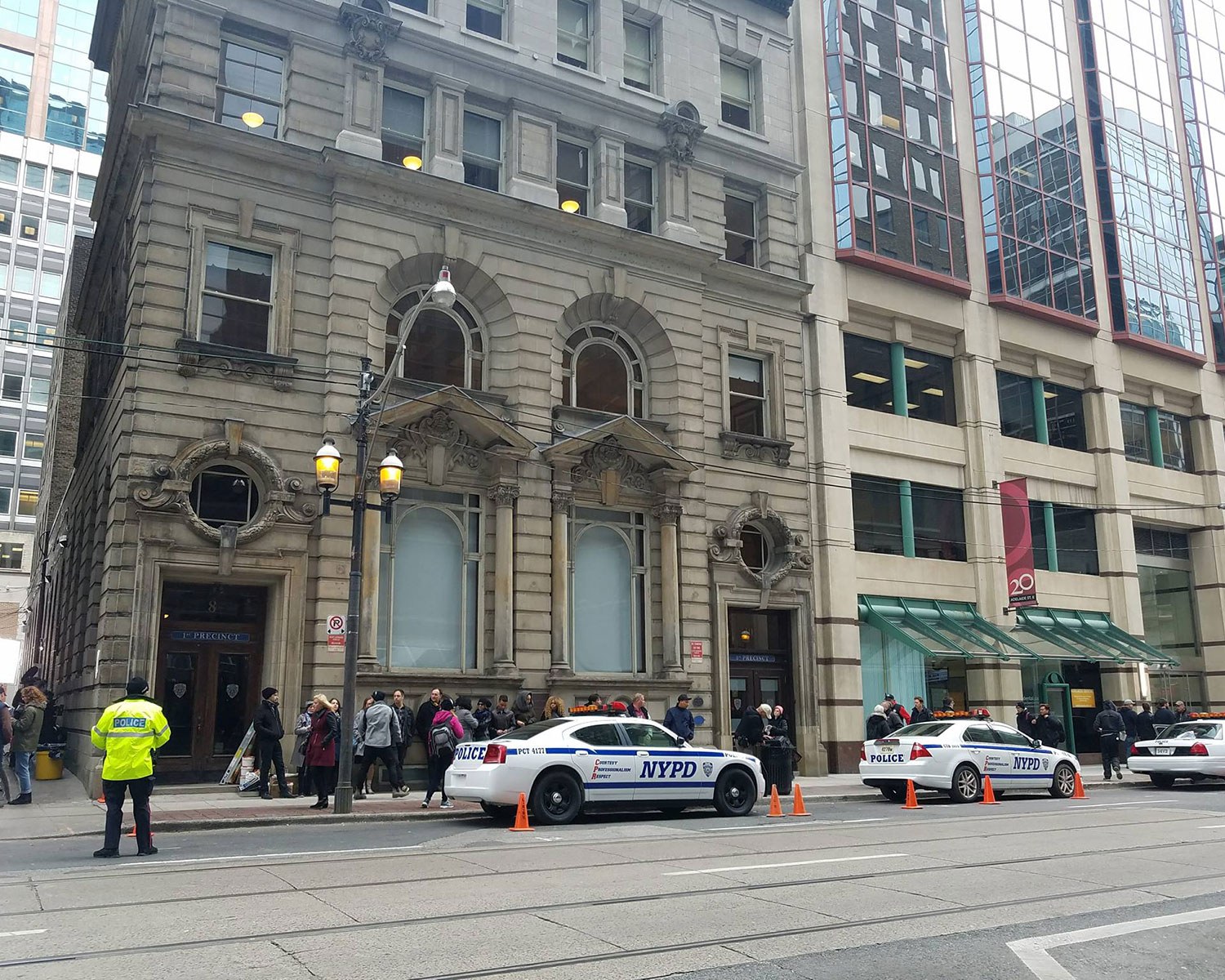 Film shoot outside of the Ontario Heritage Centre, Toronto